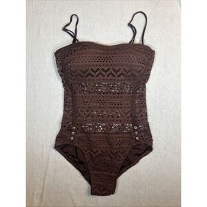 Lookbook Store Brown One piece Bathing Suit Crochet Lace Swim Suit Sz 12 Resort